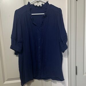 Laura Ashley Navy Button-Front Ruffle Collar Blouse
